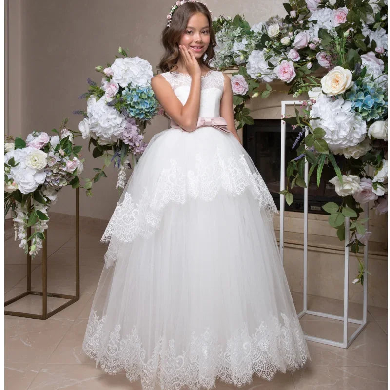 Apliques de encaje de tul blanco con cinturón de lazo rosa sin mangas para bodas, cumpleaños, banquetes, vestidos de princesa, vestidos de niña de las flores 