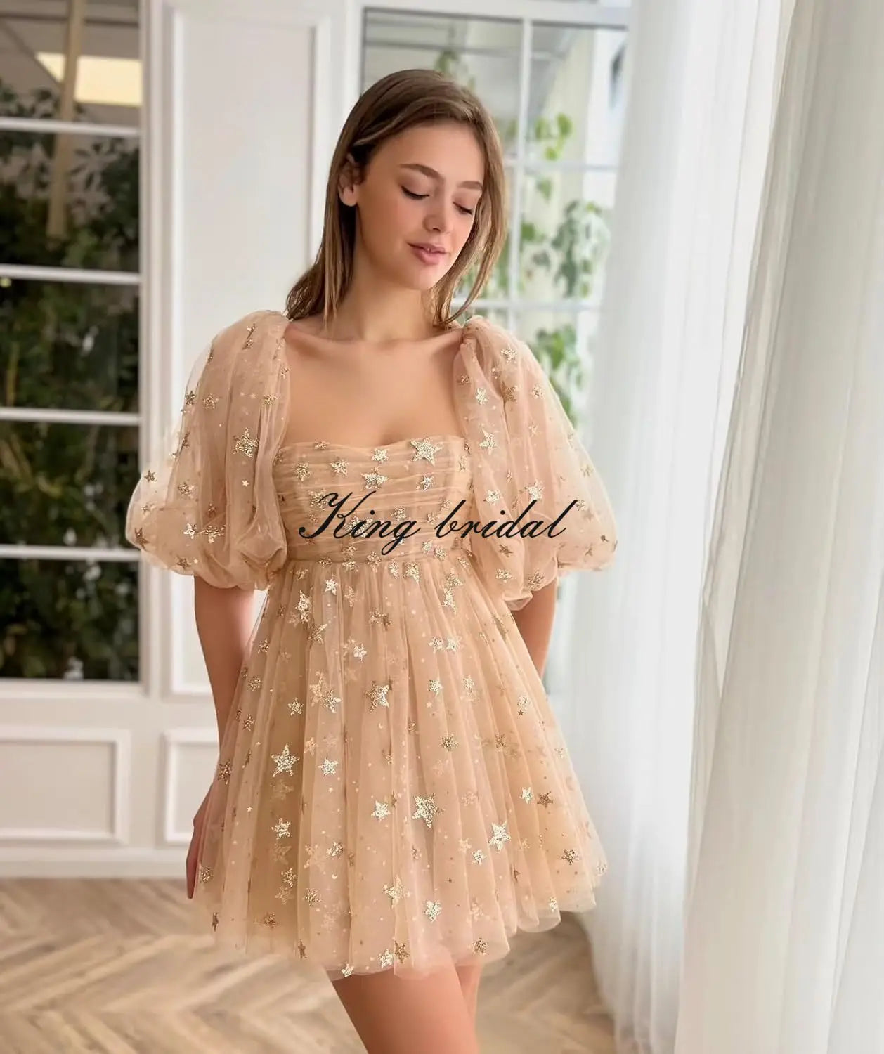 Vestidos de fiesta cortos de tul con estrellas brillantes, hechos a medida, para adolescentes, minivestido de fiesta con estrellas brillantes y mangas abullonadas, vestido formal para club. 