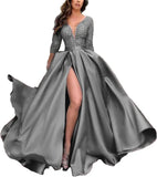 Deep V-Neck Satin Prom Dress for Women, 3/4 Sleeve Formal Evening Gown with Pockets, Elegant Party Dress