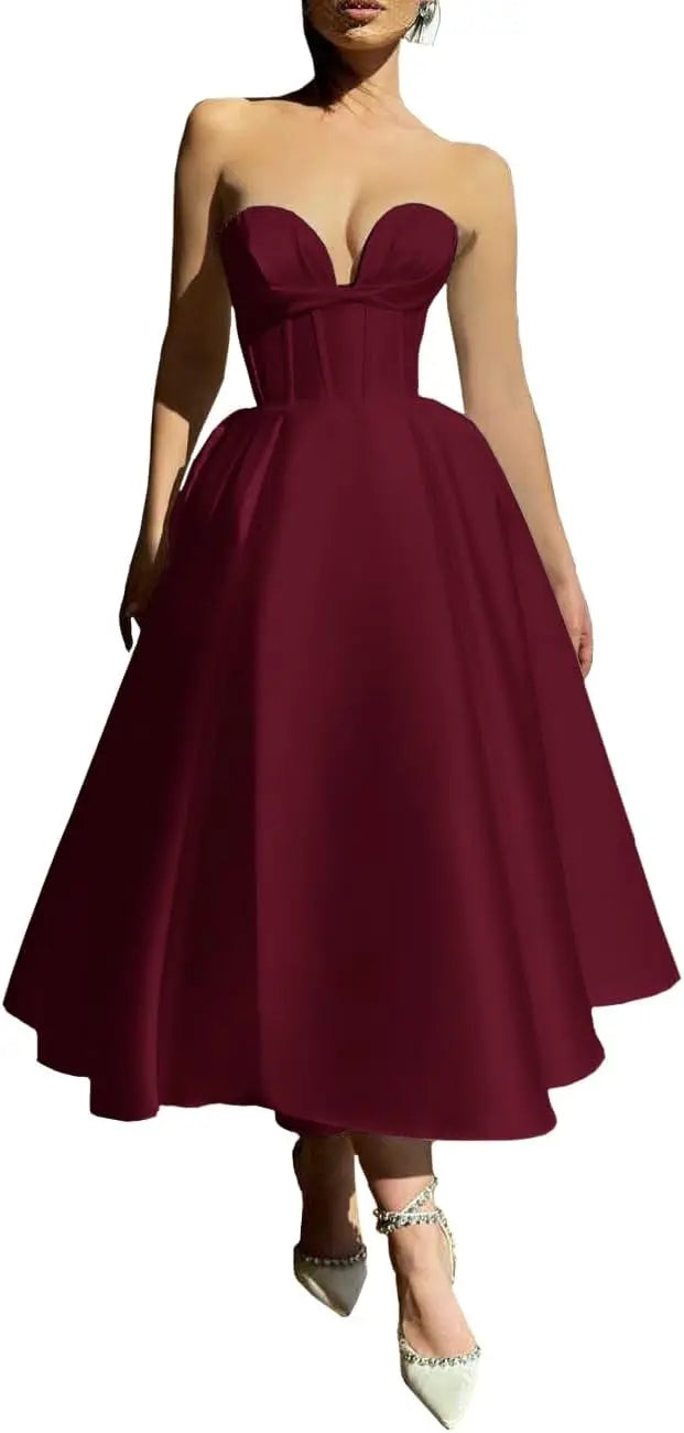 Strapless Prom Dresses 2025 Sweetheart Satin Tea Length Puffy Party Dresses for Women simple wedding dress short wedding dress