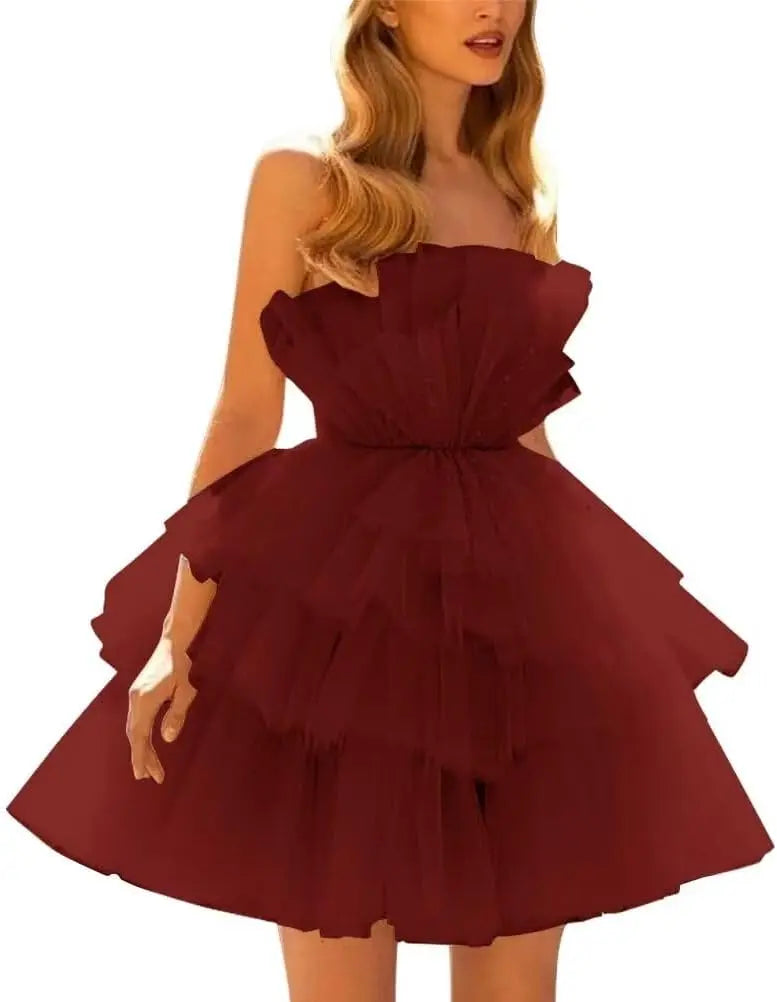 Vestidos de fiesta de tul con hombros descubiertos, abullonados, cortos, sin tirantes, de malla, con volantes, formales, para cóctel o gala 