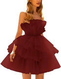 Vestidos de fiesta de tul con hombros descubiertos, abullonados, cortos, sin tirantes, de malla, con volantes, formales, para cóctel o gala 