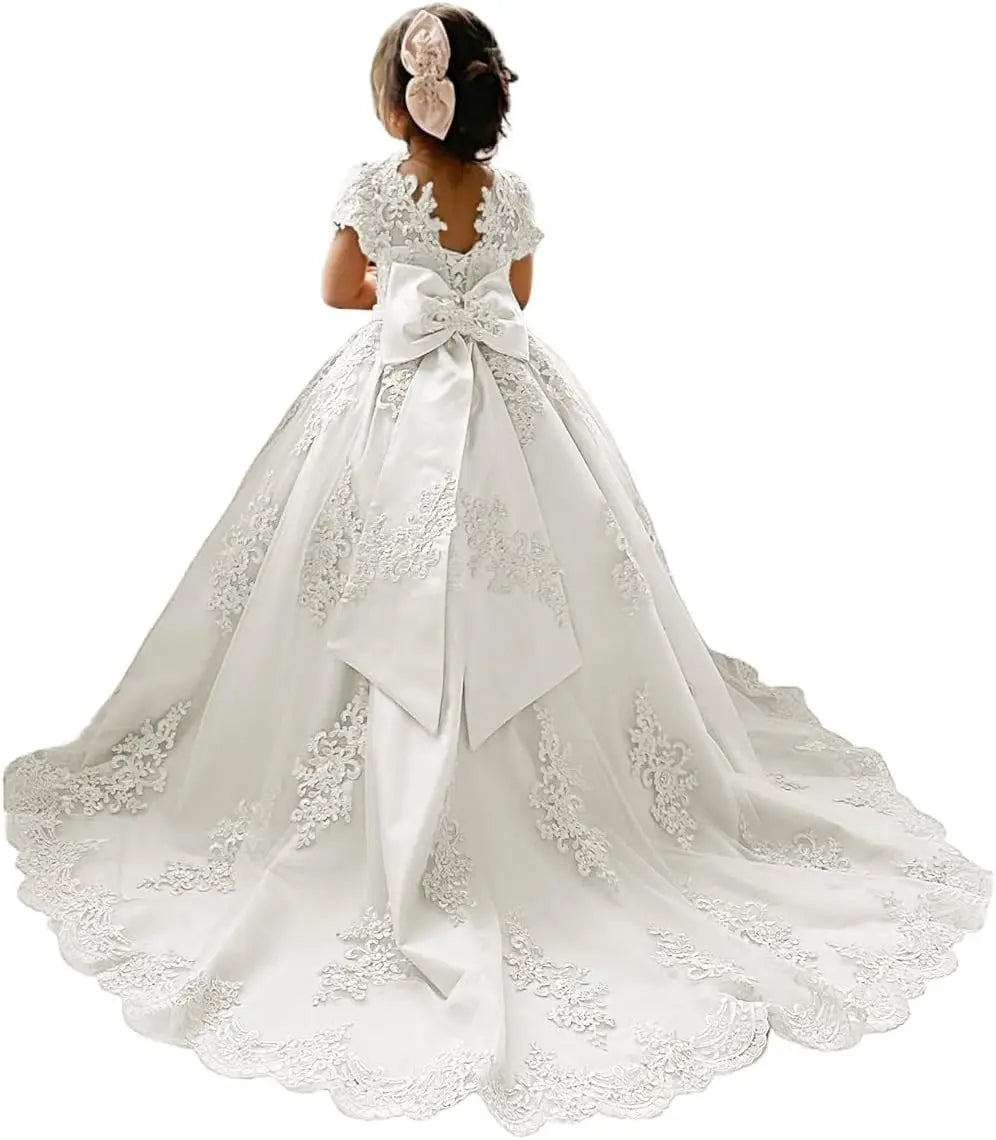 Blumenmädchenkleid für Mädchen zur Hochzeit, Applikationen, Tüll, Festzugskleider, kurze Ärmel, Ballkleid mit Schleife, Prinzessinnenkleid 