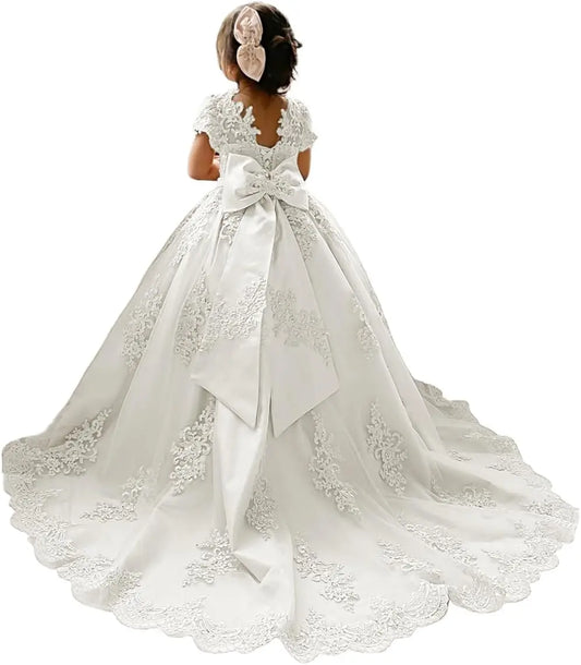 Blumenmädchenkleid für Mädchen zur Hochzeit, Applikationen, Tüll, Festzugskleider, kurze Ärmel, Ballkleid mit Schleife, Prinzessinnenkleid 