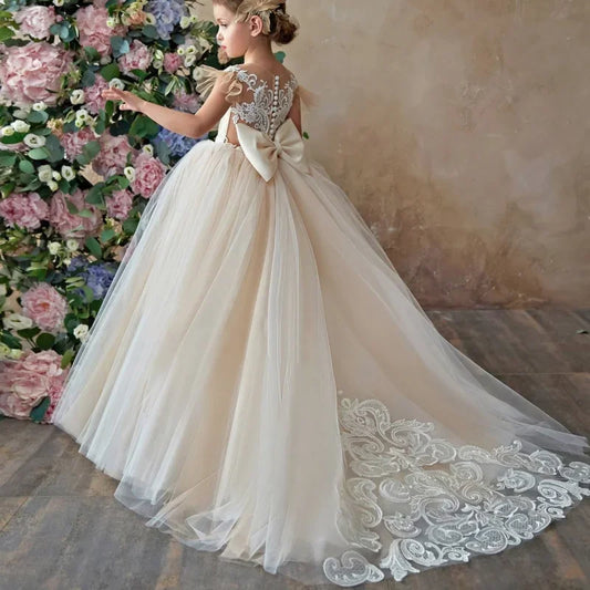Champagne Puffy Pearl Lace Appliques Bow With Trailing For Wedding Birthday Party First Communion Gowns Flower Girl Dresses