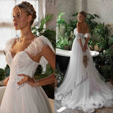 A-line Tulle Off Shoulders Wedding Dress Lace Wedding Gown Luxury Beaded Bridal Gown Ruffle Straps Corset Dress Heart