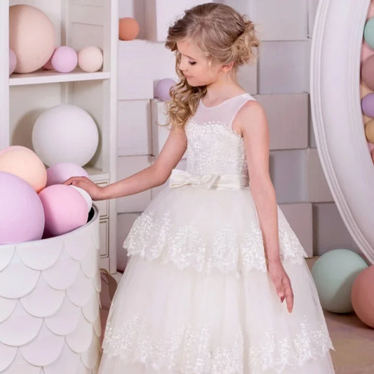 Vestidos de tul color marfil con encaje bordado y lazo, sin mangas, para bodas, cumpleaños, banquetes, comuniones y niñas de las flores. 