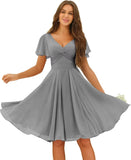 Women's Pleated Chiffon Flutter Sleeves Junior Bridesmaid Dresses with Pockets V Neck Short Formal Dress Wedding Party Gowns
