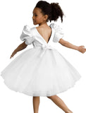 Vestidos de tul con mangas abullonadas para niña de las flores, para bodas, cumpleaños, fiestas, satén y tul con lazo. 