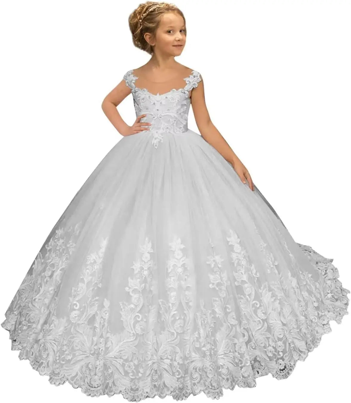 Flower Girl Dress for Weeding Tulle Pageant Dress Lace Appliques Princess Long Ball Gowns for Girls girls dresses for wedding
