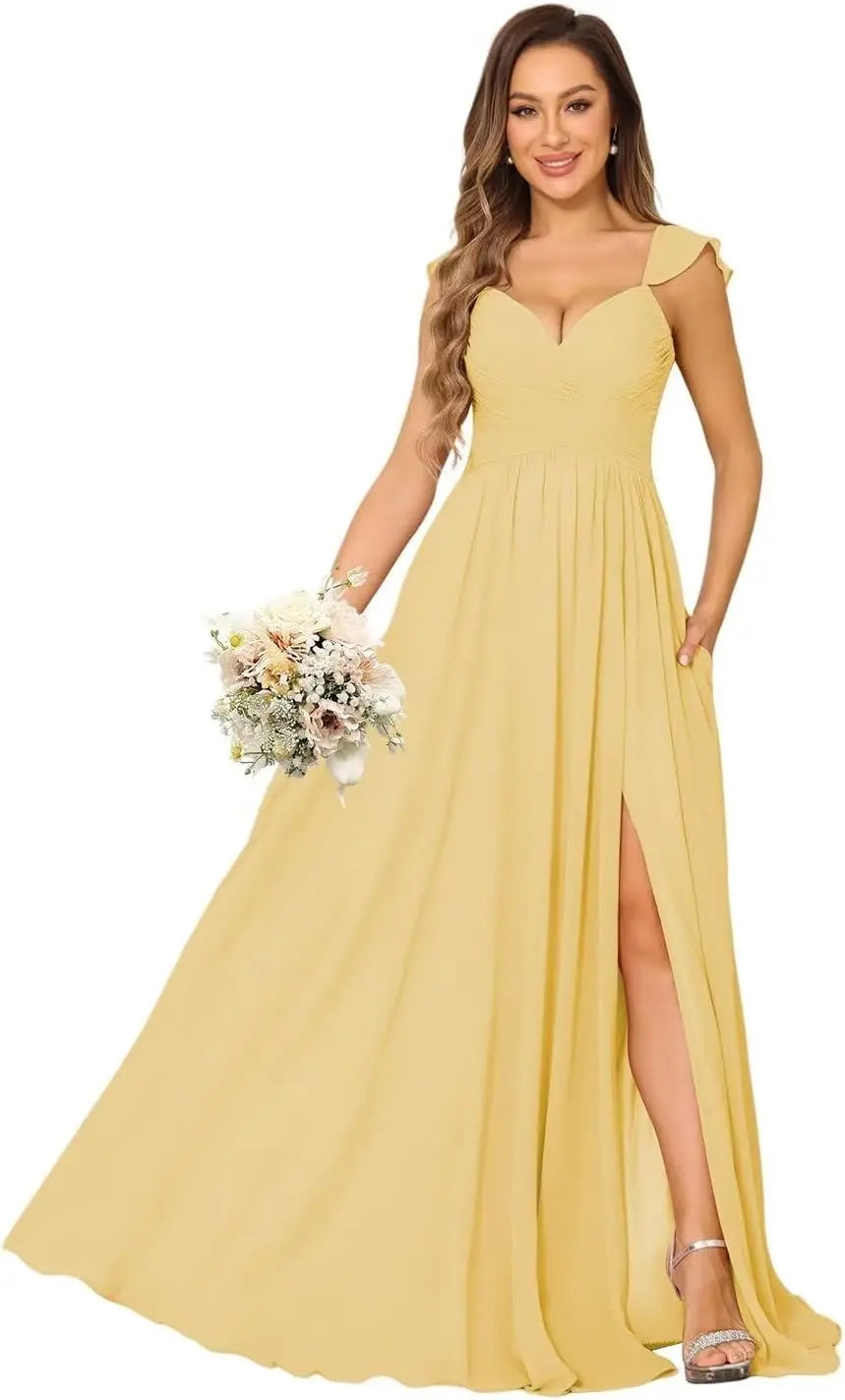 Women's Cap Sleeves Chiffon Bridesmaid Dresses Long with Pockets Ruffle Formal Evening Dresses with Slit Wedding Party Gowns