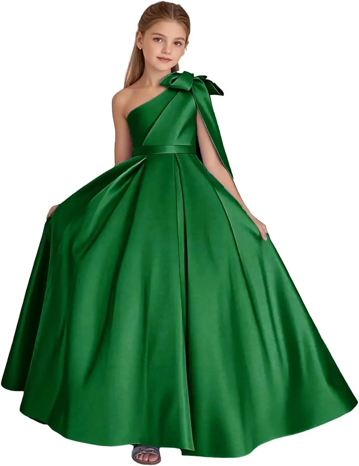 One-Shoulder-Satin-Blumenmädchenkleider, lange Festzugskleider für Mädchen, Ballkleid mit Schleife, Prinzessinnenkleid, Partykleider
