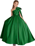 One-Shoulder-Satin-Blumenmädchenkleider, lange Festzugskleider für Mädchen, Ballkleid mit Schleife, Prinzessinnenkleid, Partykleider