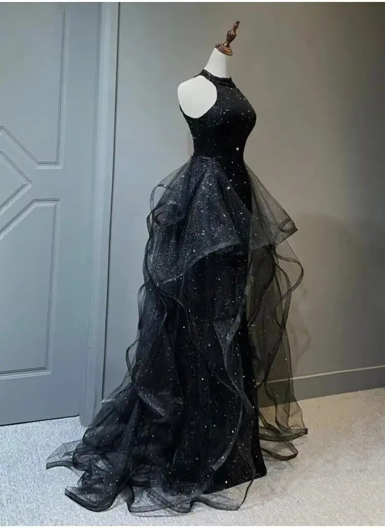 Vestidos de fiesta con lentejuelas y cuello halter, hechos a medida, con capa, 2025, de tul brillante, con abertura en forma de A, para boda, noche y fiesta. 