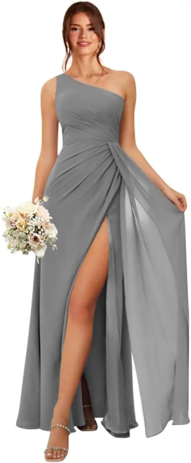 One Shoulder Bridesmaid Dresses for Women Long Ruched Chiffon A Line Formal Evening Dress with Slit prom dresses