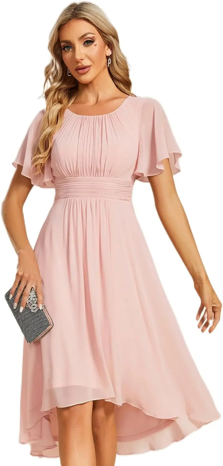 Vestido de gasa con cuello redondo y cintura plisada para mujer, manga corta, para invitada de boda, dama de honor, fiesta, graduación 