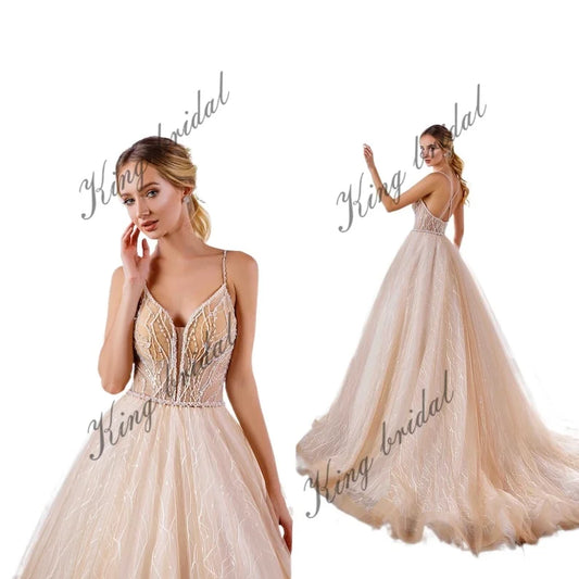 Kristalle besticktes Hochzeitskleid A-Linie Spitze rückenfreies nacktes Brautkleid Individuelle Hochzeitskleider schlichtes Hochzeitskleid 