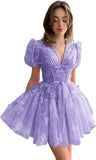3D Butterfly Tulle Homecoming Dresses for Teens A-Line Short Sleeve Prom Cocktail Dress with Butterfly Appliques
