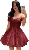 Hübsches kurzes Heimkehrkleid mit Spitzenapplikation für Teenager, glitzernder Tüll, schulterfrei, formelles Abschlussball-Cocktailkleid, Clubkleid 