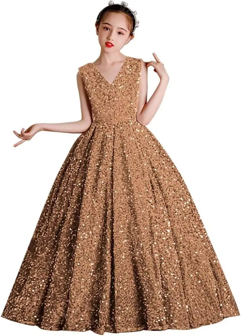 Vestidos de desfile con lentejuelas y cuello en V para niñas, vestidos de baile brillantes para niñas de las flores, vestidos de princesa para niñas pequeñas, vestido de comunión 