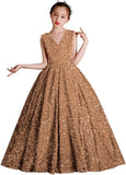 Vestidos de desfile con lentejuelas y cuello en V para niñas, vestidos de baile brillantes para niñas de las flores, vestidos de princesa para niñas pequeñas, vestido de comunión 
