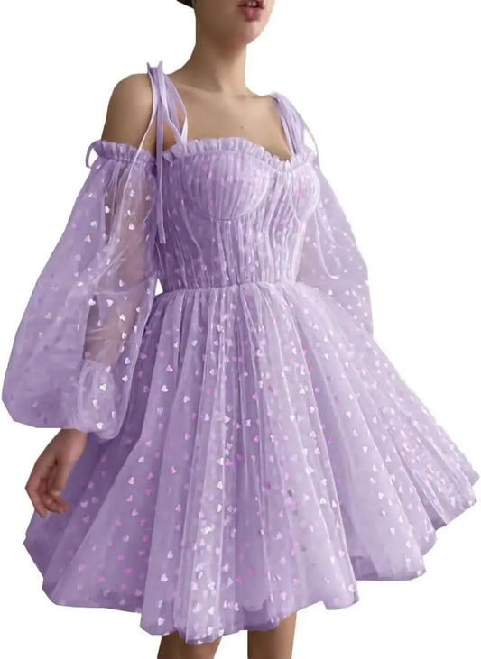 Hübsches Herz, kurzes Tüll-Heimkehrkleid für Teenager, Puffärmel, Mini-Spaghettiträger, formelles Abendkleid, Party-Cocktailkleid 