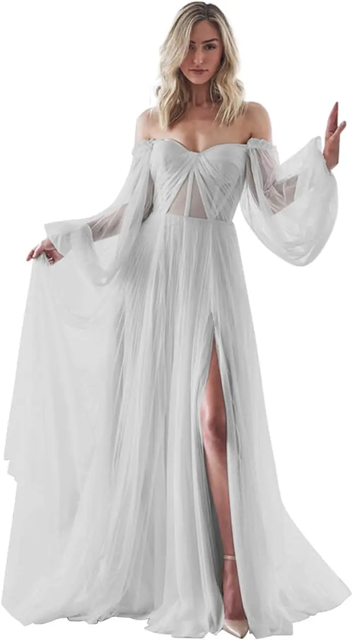 Vestidos de fiesta de manga larga abullonados para mujer, hechos a medida, con abertura en los hombros, de tul, para boda, formales, de noche, transparentes. 