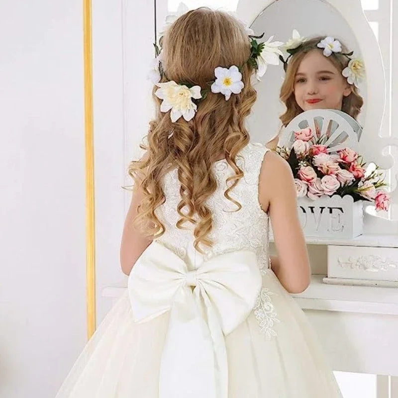 Ivory Tulle Puffy Applique With Big Bow Sleeveless For Wedding Birthday Banquet First Communion Dresses Flower Girl Dresses