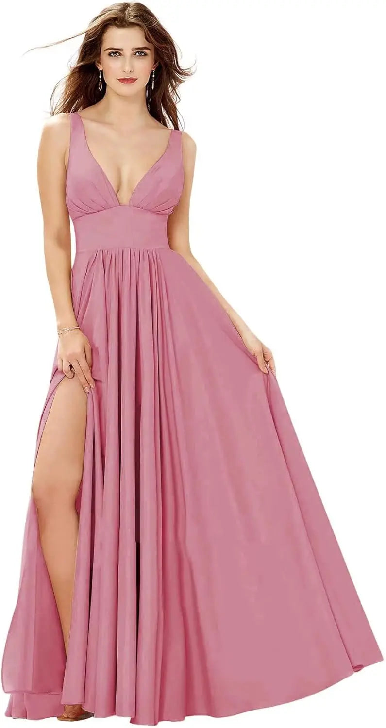 Elegant Women's Long Chiffon Bridesmaid Dresses Deep V-Neck Sleeveless Slit Formal Evening Party Gowns prom dresses