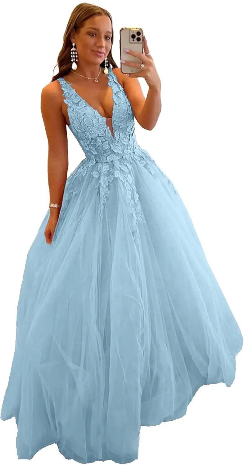 Tulle Prom Dresses for Women V Neck Applique Ball Gowns for Teens Women's Long Formal Evening Gowns with 3D Flower