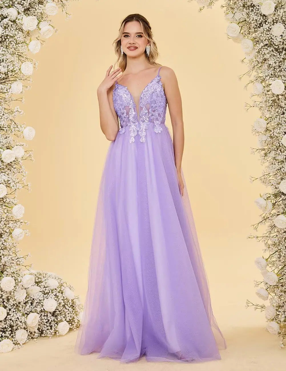 Vestidos de fiesta de tul con escote en V profundo para mujer, tirantes finos, apliques de encaje, vestidos de noche largos de corte A 