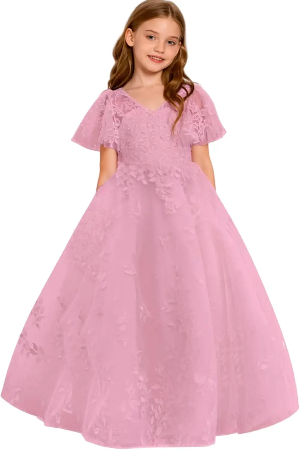 Vestido de primera comunión de encaje con mangas con volantes para niña de las flores, para boda, desfile, vestido de princesa 