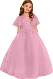 Vestido de primera comunión de encaje con mangas con volantes para niña de las flores, para boda, desfile, vestido de princesa 