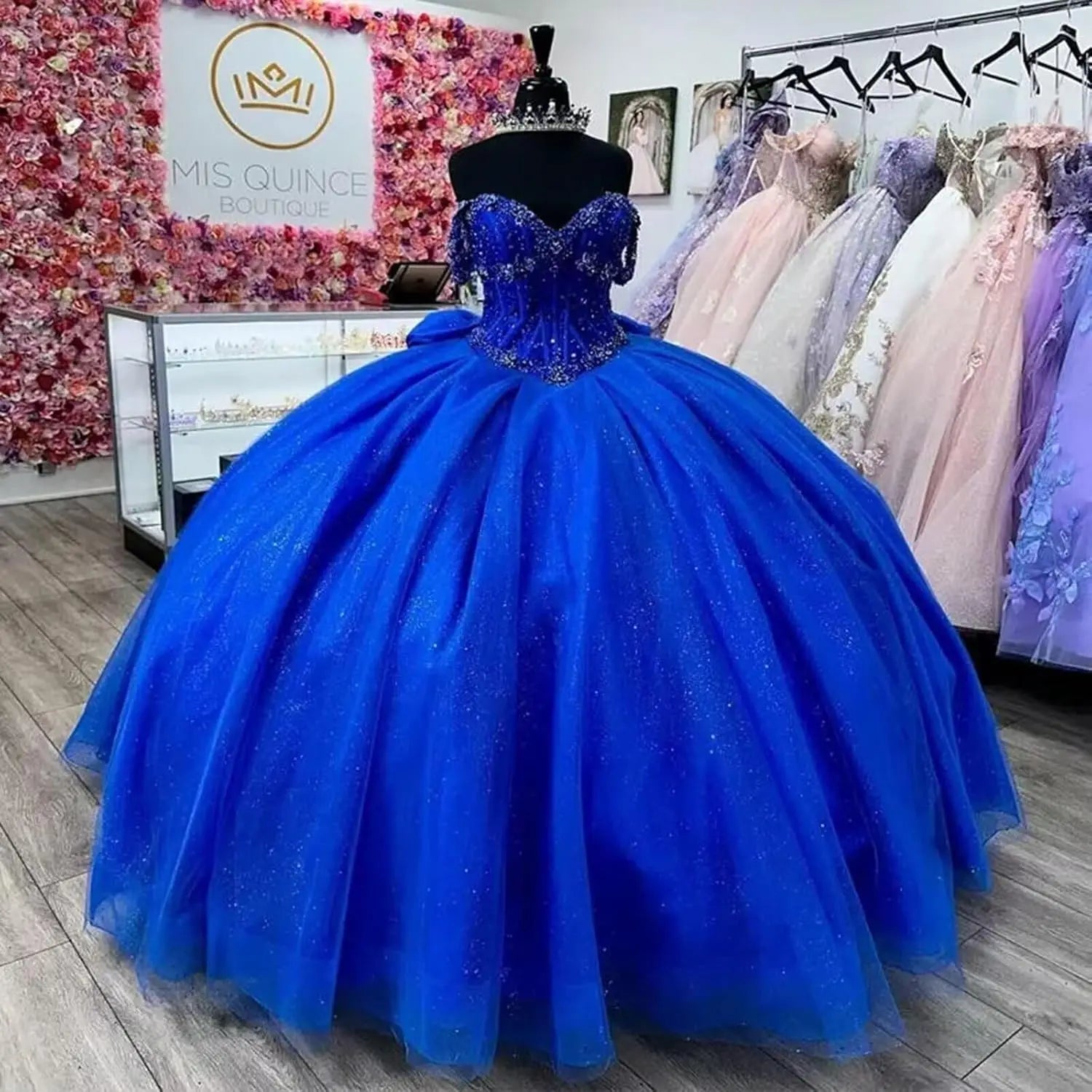 Off Shoulder Beaded Quinceanera Dresses Glitter Tulle Prom Dress Butterfly Appliques Sweet 16 Dresses with Bow