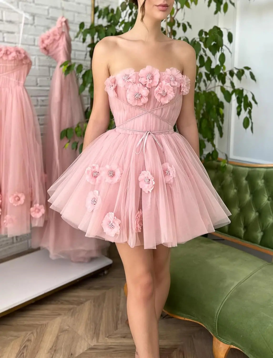 Short Strapless Tulle Cocktail Dress Floral A-Line Homecoming Gown for Teens Customizable Party Gown prom dresses  mini dress