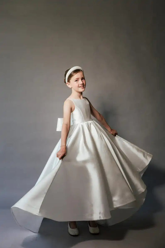 Vestido de niña de las flores de boda de mikado color marfil, espalda descubierta, alta costura, para fiesta de cumpleaños de princesa, con cola, lazo y bolsillo. 
