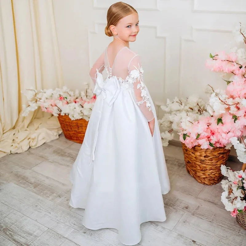 White Satin Appliques With Bow Long Sleeve For Wedding Birthday Party Banquet Princess Gowns Flower Girl Dresses Princess Dress