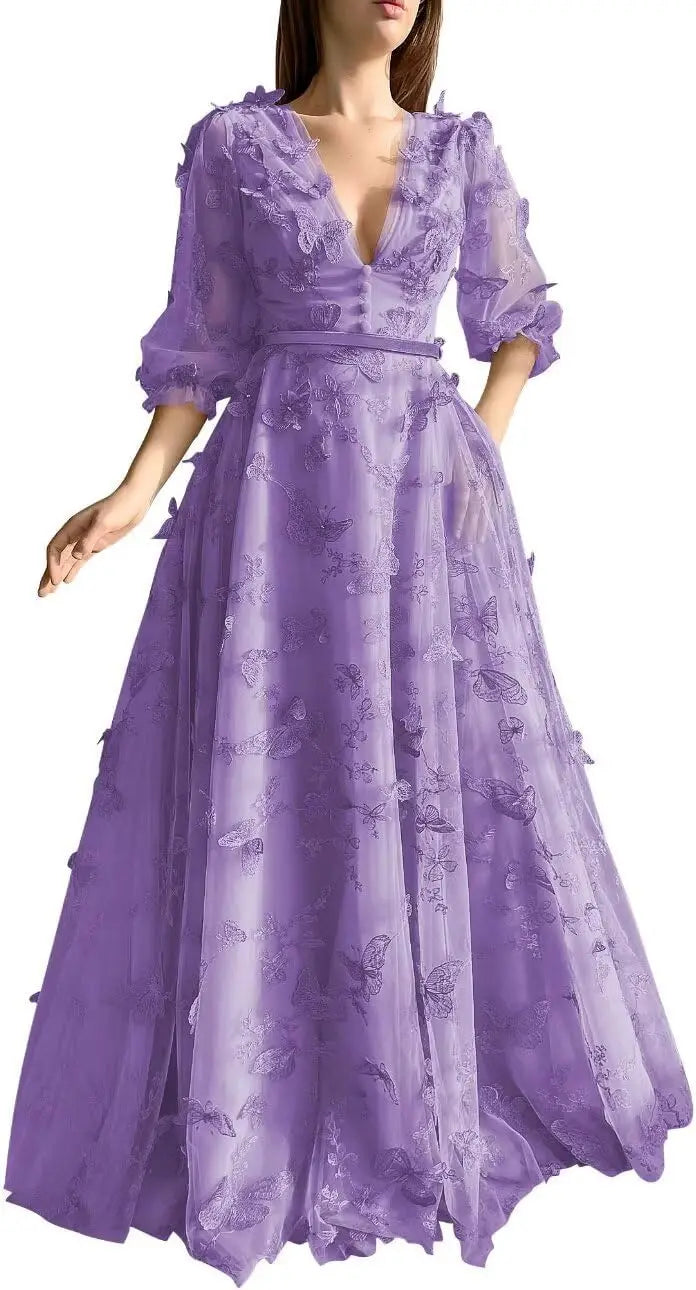 Damen Ballkleid mit Puffärmeln, 3D-Schmetterling, langer V-Ausschnitt, Tüll, Ballkleid, formelles Abendkleid 