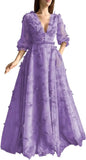Damen Ballkleid mit Puffärmeln, 3D-Schmetterling, langer V-Ausschnitt, Tüll, Ballkleid, formelles Abendkleid 