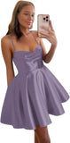 Spaghetti Straps Satin Homecoming Dresses for Women Short Halter Formal Prom Dresses with Pockets Graduation Mini Dress