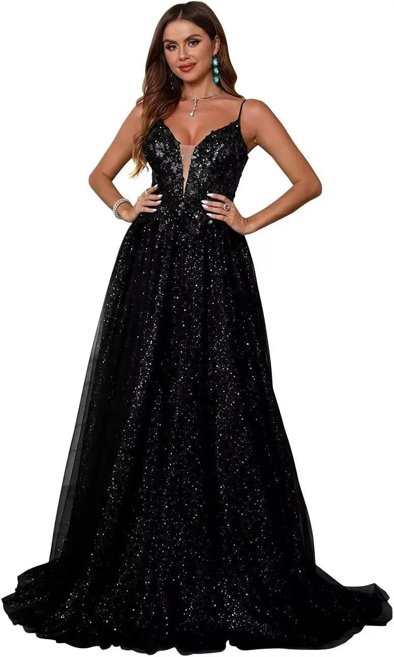 Glitzerndes Tüll-Ballkleid für Damen, Spaghettiträger, tiefer V-Ausschnitt, Spitzenapplikationen, Ballkleid, langes A-Linien-Abendkleid 