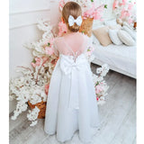White Satin Appliques With Bow Long Sleeve For Wedding Birthday Party Banquet Princess Gowns Flower Girl Dresses Princess Dress