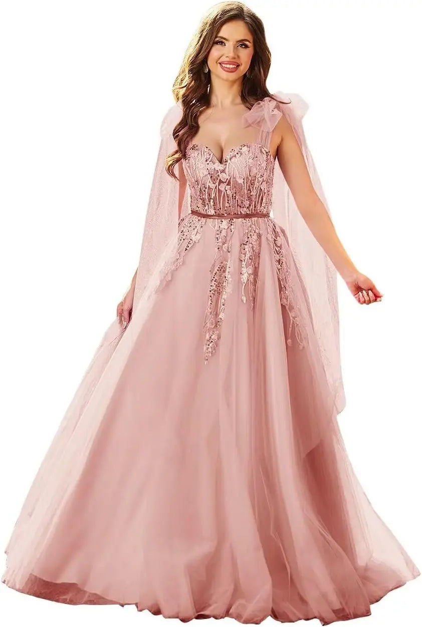 Vestidos de fiesta de tul con apliques de encaje para mujer, tirantes finos ajustables, vestidos de gala largos de corte A, vestidos de noche, vestidos de fiesta 