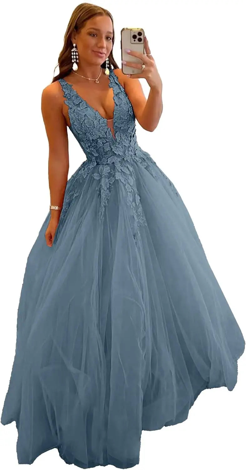 Tulle Prom Dresses for Women V Neck Applique Ball Gowns for Teens Women's Long Formal Evening Gowns with 3D Flower