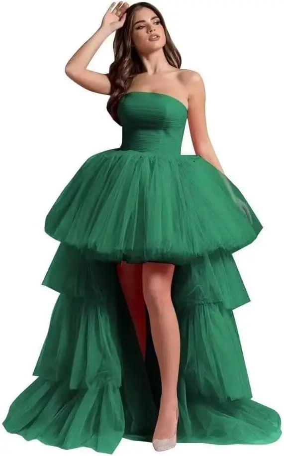 High Low Tüll Ballkleider Lange trägerlose gestufte Abendkleider A-Linie Abendkleid mit Schleppe Partykleider Damen Abend 