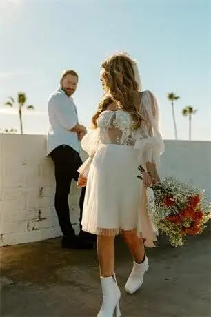 Langärmliges Tüll-Heimkehrkleid, kurzes Brautkleid, herzförmiger Ausschnitt, Spitzenapplikation, Ballkleider für Teenager, Cocktailkleid 
