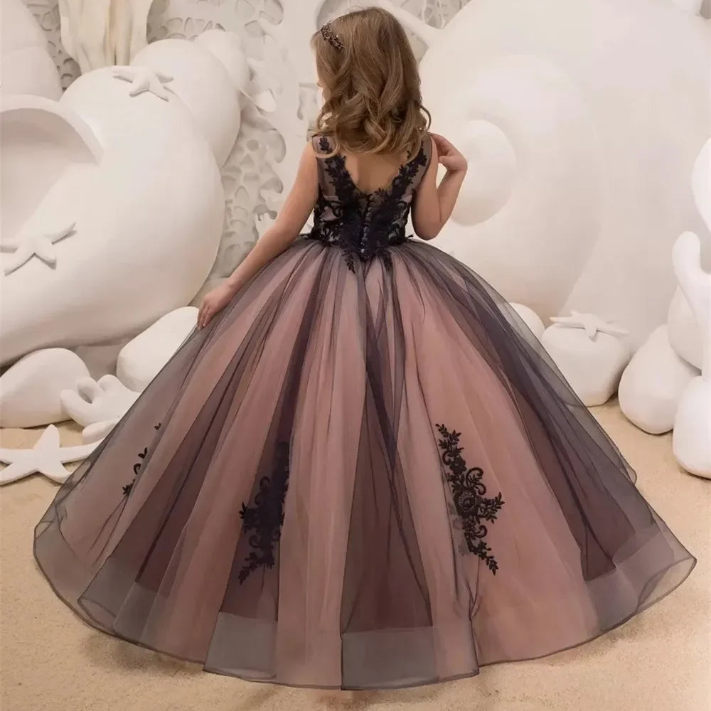 Pageant Birthday Photoshoot First Communion Customize V-Neck Flower Girl Dress for Wedding Lace Tulle Formal Occasion Party