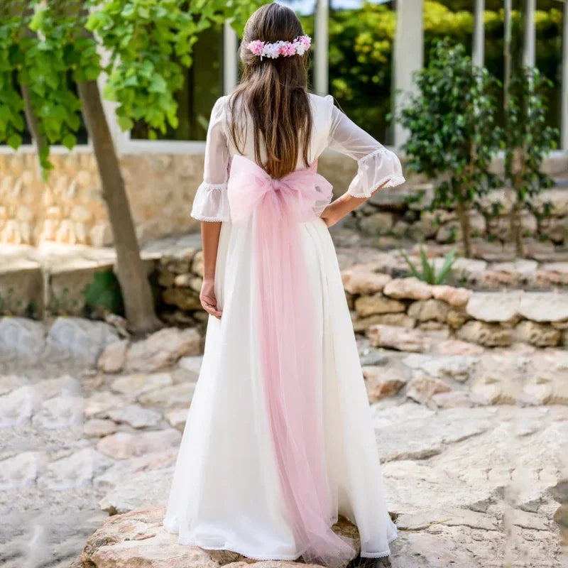 Vestidos de princesa para fiesta de cumpleaños, banquetes, vestidos de niña de las flores, tul blanco con lazo rosa, medias mangas para boda 