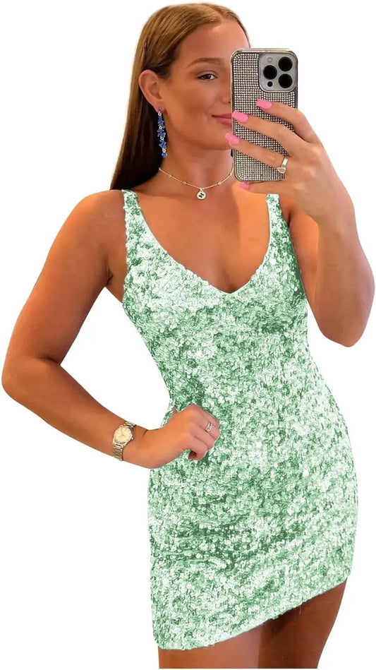 Vestidos cortos de lentejuelas para adolescentes (2025), cuello en V, brillantes, para fiesta formal de graduación, cóctel o club. 