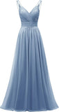Chiffon-Spitze Brautjungfernkleider lang für Damen V-Ausschnitt Plissee Tüll Träger A-Linie Abschlussball Abend Hochzeit formelle Kleider 